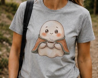 Cute Ghost T-Shirt, Cozy Hot Drink Watercolor Halloween Graphic Tee