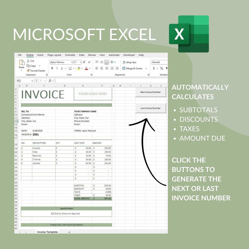 Customizable Business Invoice Template: MS Excel (printable) - Etsy