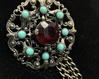 Vintage Victorian Revival Chatelaine Tassel Brooch Red Glass Turquoise Cabochons Silver Tone Statement Pin