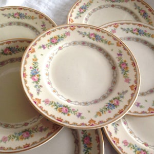 May include: A collection of vintage porcelain plates. Each plate features a cream-colored center with a floral border of pink, blue, and yellow flowers, accented with gold trim. The plates are arranged in a slightly overlapping pattern.