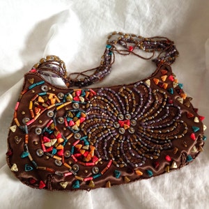 New Vintage Beaded Handbag, Multi Colored Purse, Beads on Brown