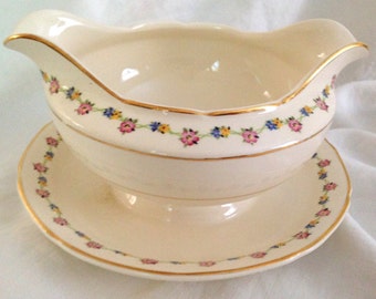 Vintage Cottage Chic Crooksville Gravy Boat Small Flowers Attached Underplate Made in USA