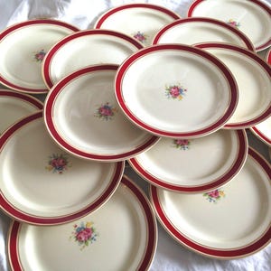 Set of 4 Taylor, Smith & Taylor Salad Plates, QTY Options, Rose Bouquet Center, Red Band, Gold Rings