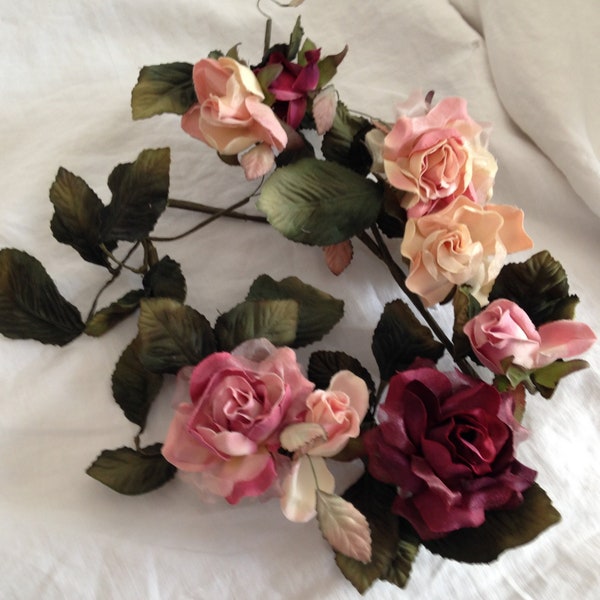 Organdy Pink Roses Swag or Garland, Bridal Headdress Fabric Flowers