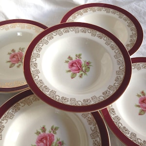 5 Crown Ducal Coupe Soup Bowls, Made in England, Rose Center with Maroon Border