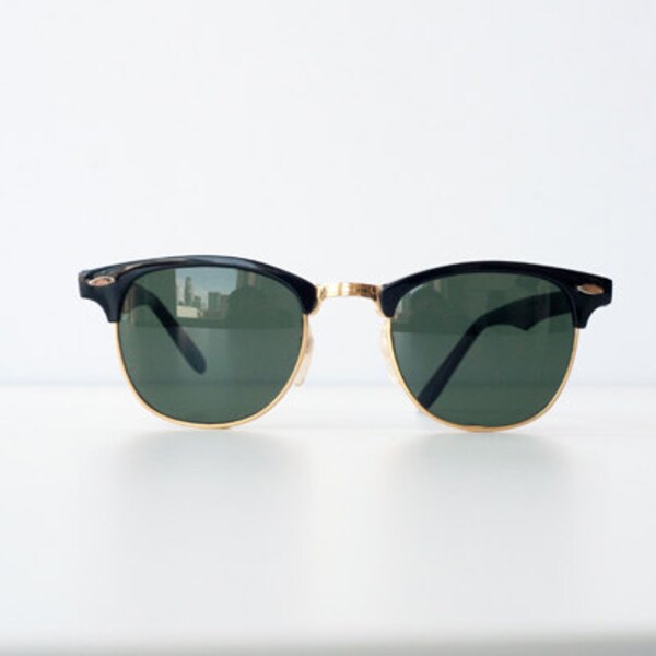 Vintage 80's 90's 1990s 1980s Black Rounded Horn Rimmed  Clubmaster Sunglasses