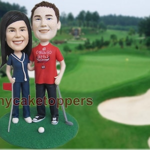 Custom Golf Wedding Cake Topper: Personalized Clay Couple Figurine
