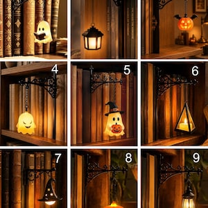 May include: A collection of nine black metal wall-mounted brackets, each featuring a decorative scrollwork design and a hanging light fixture. The lights include various Halloween-themed shapes such as ghosts, pumpkins, lanterns, and witch hats.
