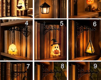 May include: A collection of nine black metal wall-mounted brackets, each featuring a decorative scrollwork design and a hanging light fixture. The lights include various Halloween-themed shapes such as ghosts, pumpkins, lanterns, and witch hats.
