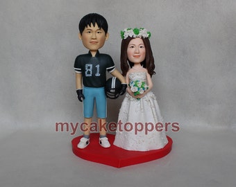 custom wedding cake toppers,American football cake topper, bride and groom,clay figurine,Rugby,football,makde from your photos, hand made