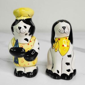 2001 VTG Dogzilla &quot;Chef Dog&quot; Salt and Pepper Shakers - by Candace Reiter - Set of 2