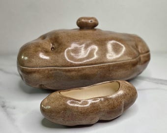 1970s VTG Atlantic Molds Lidded "Baked Potato" Ceramic Serving Bowl and Dish - Set of 2