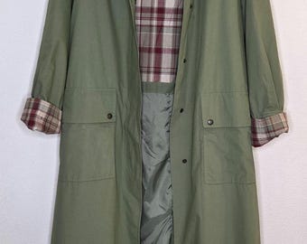 VTG Womens London Fog Hooded Trench Coat - Green with Tartan Check Lining - New No Tags - Size Medium
