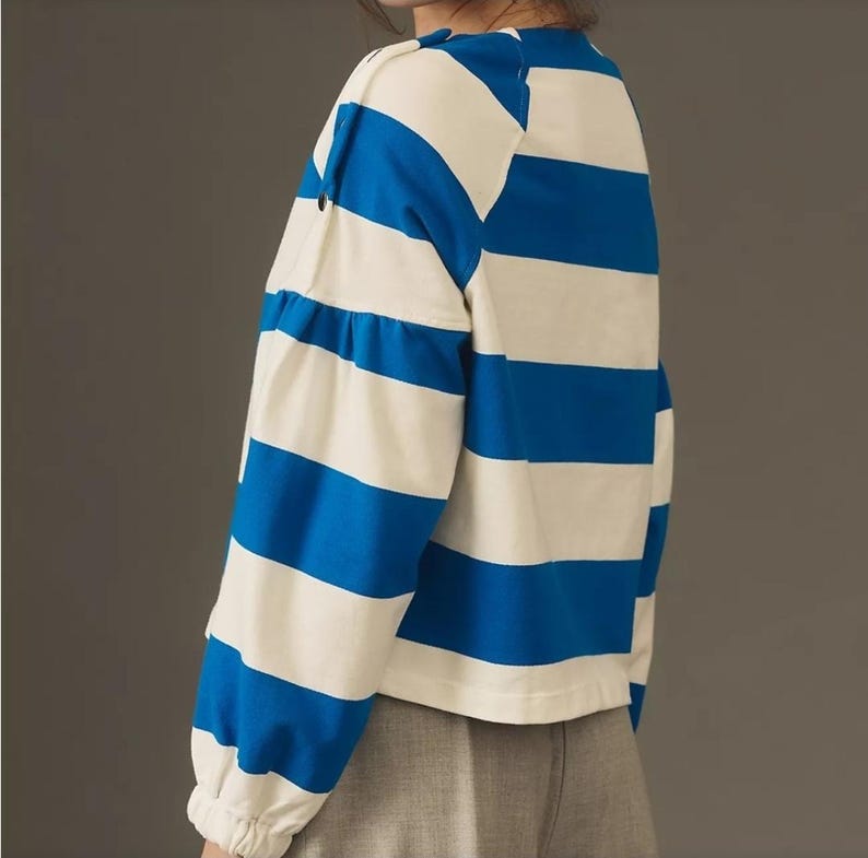 Maeve Retired Style French Terry sweatshirt - by Anthropologie - Blue and White Stripes and Silver Snaps - Size XS image 3