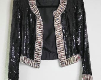 1980's VTG Glam Bolero Style Black Sequin Jacket with Beaded and Rhinestone Trim - Size SMALL