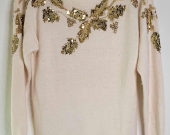 1980's VTG Dana Scott Silk & Angora Sweater with Gold Beading and Sequin Accents - Size SMALL