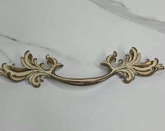 VTG French Provincial Brass Drawer Pulls with a Chippy Cream Finish - Sold Individually - 7.75"