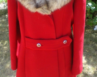 Vintage Red Wool with Fur Collar Coat**Rhinestone Buttons**