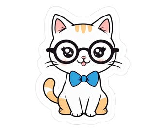 Pegatina de gato con pajarita y gafas: bonita calcomanía para portátil