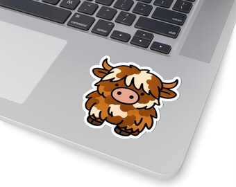 Pegatina de vaca de las Tierras Altas / Vinilo troquelado de un tierno ternero esponjoso, calcomanía para portátil