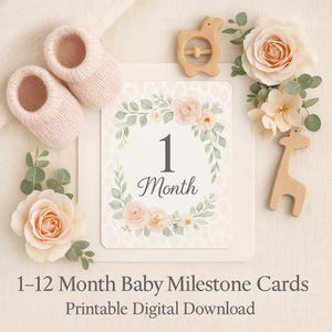 Cartes d'étape florales pour bébés – 12 accessoires photo mensuels pour bébés à l'aquarelle | Thème animal pastel | Cadeau de baby shower imprimable | Lot de 12 jalons