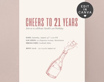 Cheers to 21 Years Invitation | Editable 21st Birthday Party Invite (Canva Template, Digital Download)