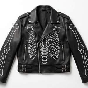 May include: A black leather motorcycle jacket featuring a white skeletal rib cage graphic on the front and arm bones printed on the sleeves. The jacket includes a notched lapel, silver-toned metal zippers, and adjustable side buckles at the waist.