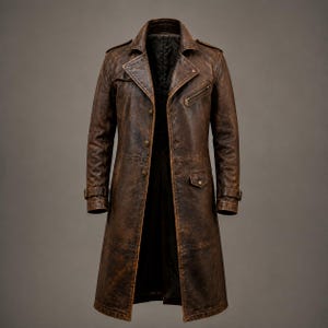 Peut inclure: Un long trench-coat en cuir marron vieilli doté d'un large revers, de pattes d'épaule et d'une doublure intérieure noire. Le manteau comprend une poche poitrine zippée, une poche à rabat, des boutons et des poignets à boucle réglables.