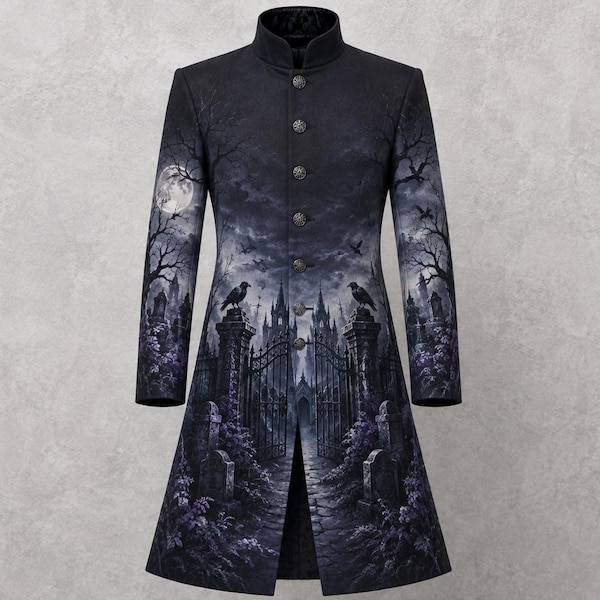Men’s Gothic Long Coat | Halloween Vampire Coat | Dark Fantasy Castle Raven Print | Victorian Gothic Costume
