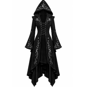 May include: A black hooded coat featuring long flared sleeves and a lace-up front closure. The garment is decorated with silver embroidered crescent moon and star motifs along the hood, sleeves, and front panels, with a high-low hemline.