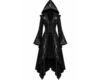 May include: A black hooded coat featuring long flared sleeves and a lace-up front closure. The garment is decorated with silver embroidered crescent moon and star motifs along the hood, sleeves, and front panels, with a high-low hemline.