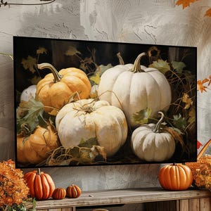 May include: A cozy autumn-themed living room with a wooden TV stand and a rug. The TV displays a painting of pumpkins. Orange pumpkins and fall foliage decorate the room. A large orange pumpkin sits on the rug, surrounded by fallen leaves.
