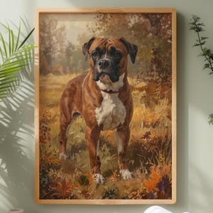 May include: A framed print depicting a Boxer dog in a field. The dog has a brown coat with white patches on its chest and legs, and a red collar. The background shows a blurred landscape with trees and foliage, set in a wooden frame.