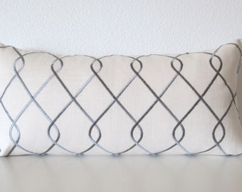 Gray Classic Lattice Lumbar Pillow Cover - Embroidery Design Pillow Cover - Linen Large Lumbar Pillow Cover