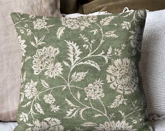 Green Floral Throw Pillow Cover, Earthy Botanical Decor