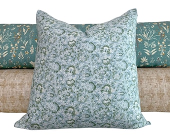Moss Green Floral Block Print Pillow Cover - Green Floral Throw Pillow Cover - Choose from Lumbar, Bolster, and Throw Pillow Sizes!