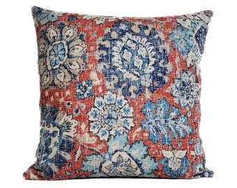 Blue Medallion Motif Throw Pillow Cover - Red and Blue Pillow Cover - Oversize Handmade Pillow Covers