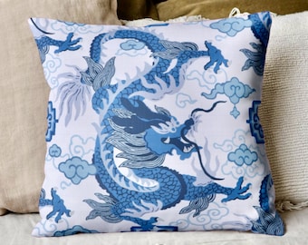 Blue Chinoiserie Dragon Pillow Cover | Cotton Throw Pillow