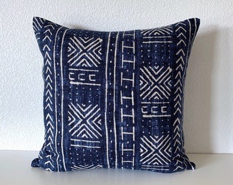 Indigo Mali Mud Cloth Linen Throw Pillow Cover - Bolster Pillow Cover - Large Lumbar Pillow - Blue Bolster Pillow Cover