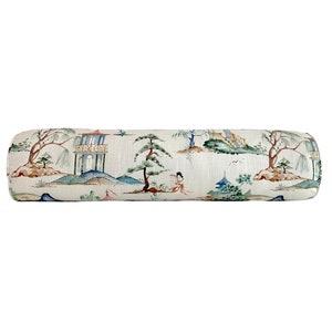 Chinoiserie Asian Toile Okayama Pillow Cover in Flax  - Long Decorative Pillows - Available Bolster,  Lumbar, Throw, Euro Sham Sizes