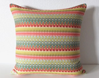 Colorful Kilims Pillow Cover - Grecas Stripes Bolster Pillow Cover - Beige, Orange, Blue, Square Pillow Covers