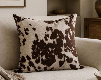 Faux Cowhide Throw Pillow Cover – Velvet Brown Cow Print, West Texas Flair