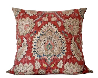 Red Medallion - Damask Spice Square Pillow Cover - Vintage Distressed Design Bolster, Lumbar Pillow Covers