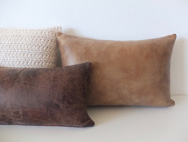 Faux Leather Vintage Tan Throw Pillow Cover / Lumbar Pillow Etsy