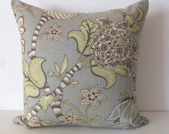 Muted Blue Gray Jacobean Throw Pillow Cover - Large Floral and leaves Pillow Cover