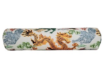 Dragon Tiger Bolster Pillow Cover, Modern Colorful Chinoiserie Long Pillow, 100% Cotton