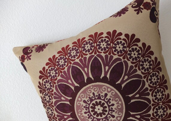 Boho Chic Floral Medallion Burgundy Throw Pillow Oversize Large