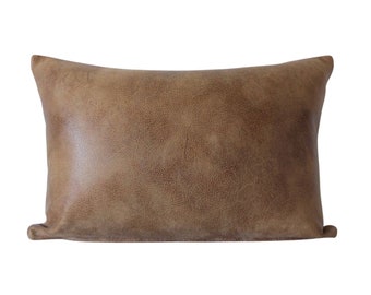 Modern West Texas Faux Leather Lumbar Pillow Cover in Vintage Tan  / Available in Bolster, Throw, Lumbar, Euro Sham Sizes