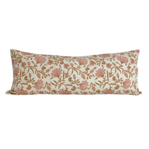 Kalami Linen Pink Cream Tan Floral Pillow Cover Modern Floral Botanical Block Print Inspired Available in Lumbar, Bolster, Throw Sizes image 1