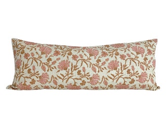 Kalami Linen Pink Cream Tan Floral Pillow Cover - Modern Floral Botanical Block Print Inspired - Available in Lumbar, Bolster, Throw Sizes